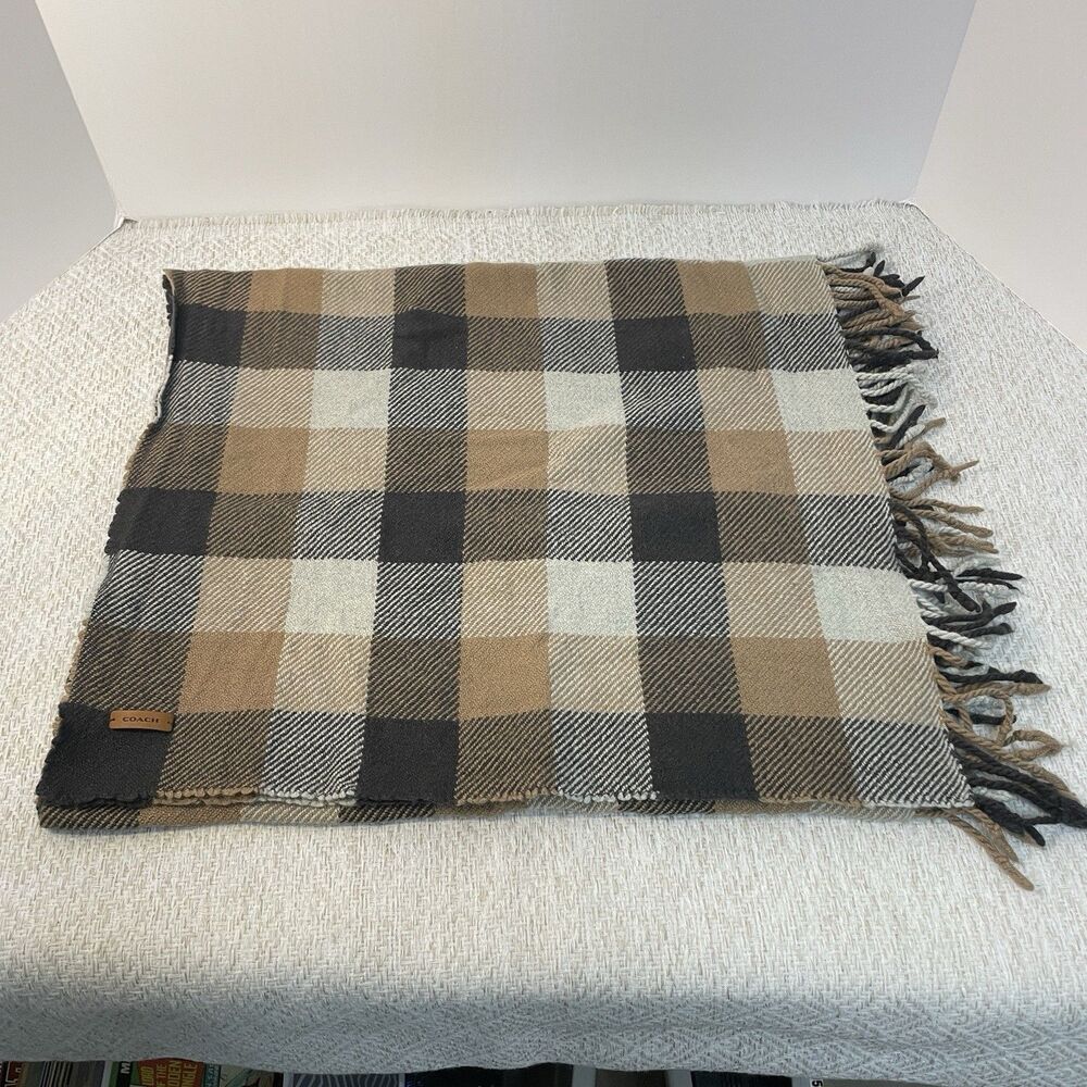 Coach Womens Scarf Fringe Brown Beige Plaid 19 X 65